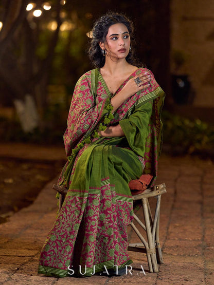 Mehendi Green-Pink Mughal Floral Hand Block Print Cotton Saree