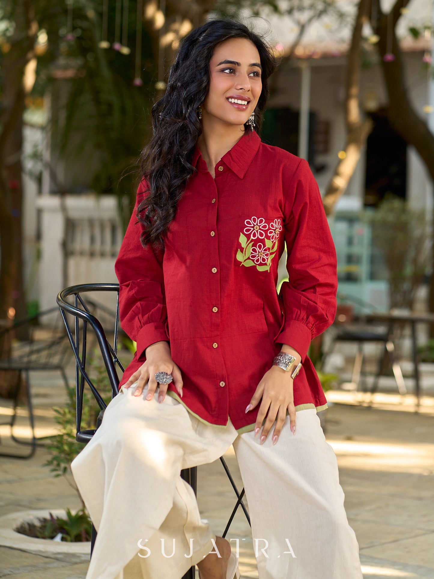 Maroon Contemporary Cotton Shirt with Floral Painted Highlight