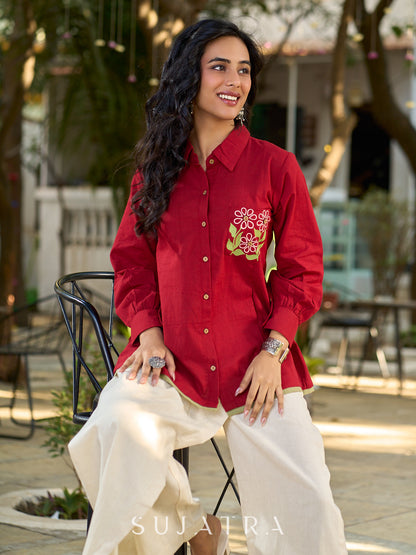 Maroon Contemporary Cotton Shirt with Floral Painted Highlight