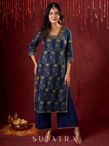 Indigo Ajrakh Kurta with Subtle Embroidered Neckline & Sleeves