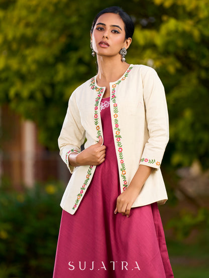 Off White Cotton Flex Open Front Jacket Adorned With Delicate Floral Embroidery On Neckline And Sleeves - Dress Optional