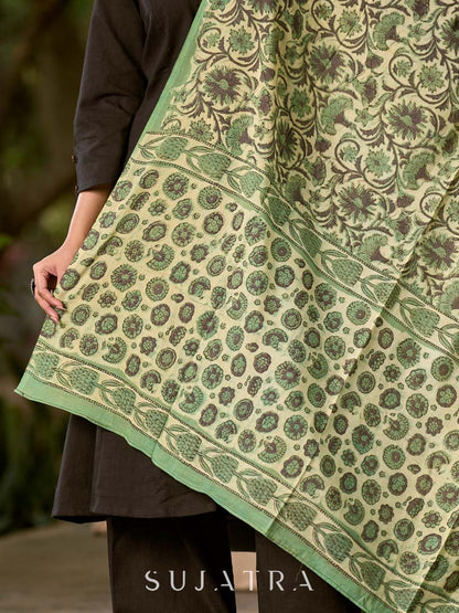 Elegant Sage Green Mul Cotton Dupatta with Traditional Print