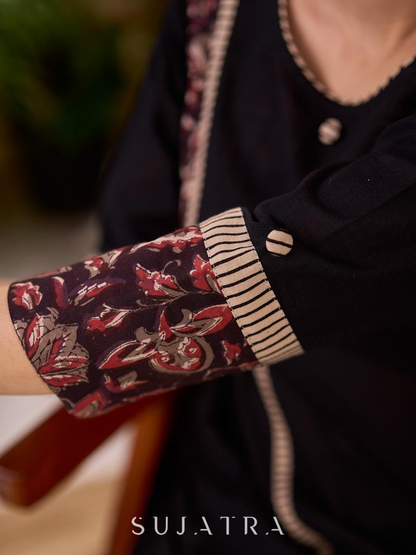 Bold Black Cotton Kurta with Contrast Floral Sleeve Cuffs and Stripe Border Detail