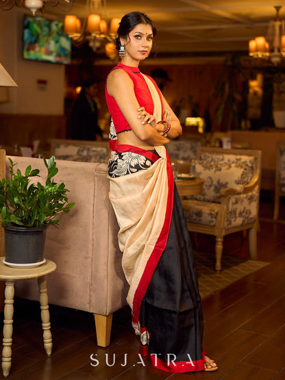 Elegant Black Pure Silk Saree with Red & Ivory Kalamkari Floral Border