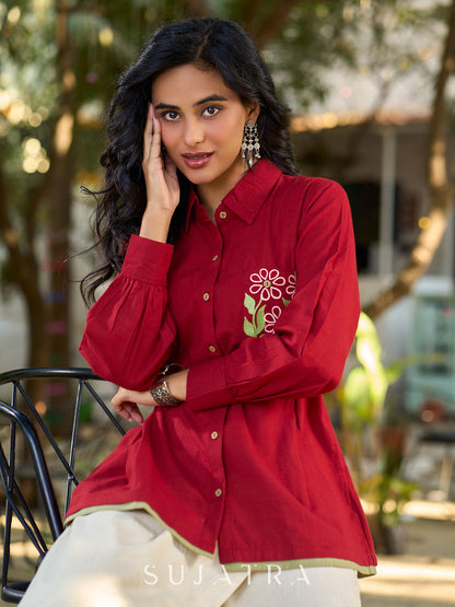 Maroon Contemporary Cotton Shirt with Floral Painted Highlight