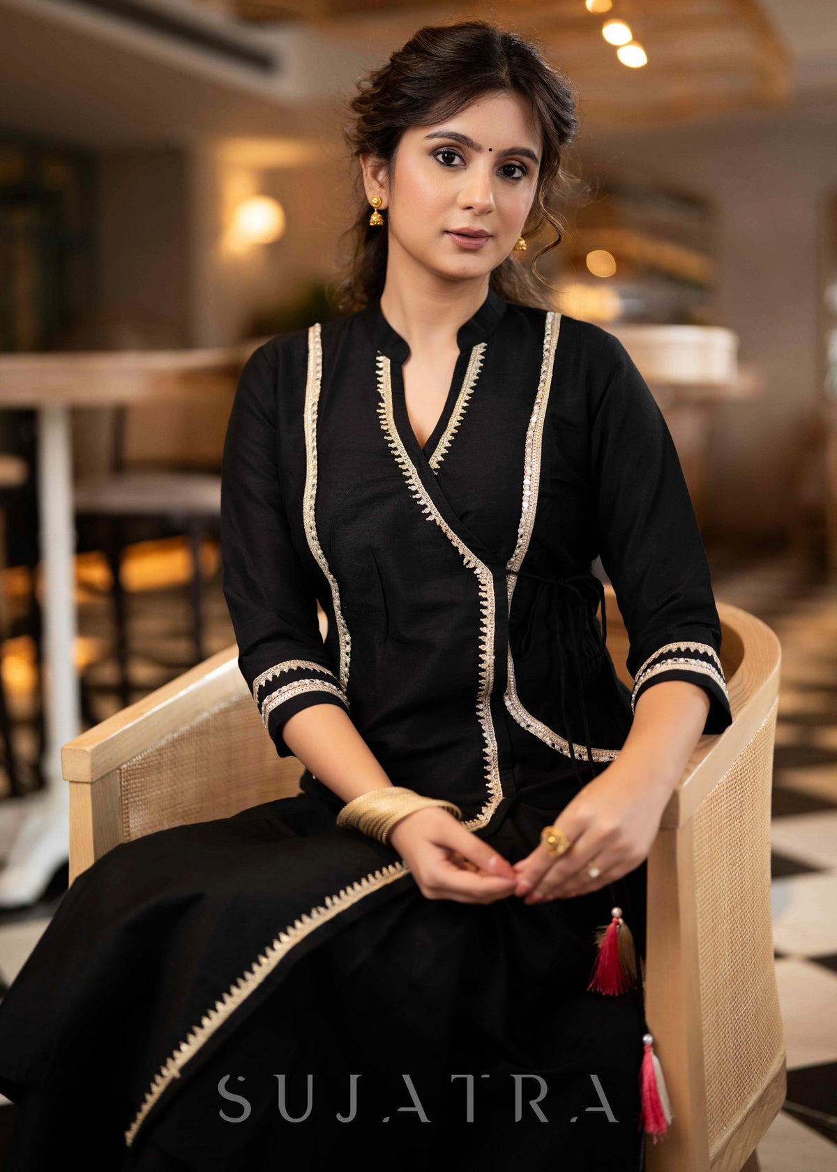 Exclusive Black Cotton Silk Kurta With All Over Lace Work & Side Dori - Pant Optional