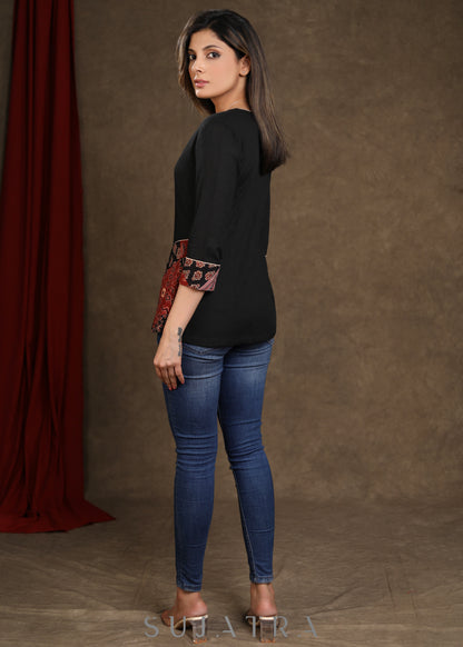 Classy Black Ajrakh Patchwork Cotton Top