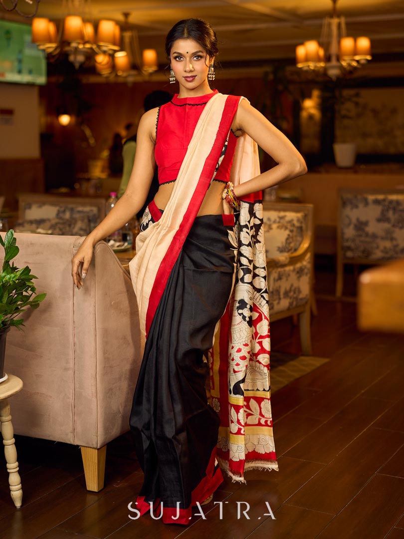 Elegant Black Pure Silk Saree with Red & Ivory Kalamkari Floral Border