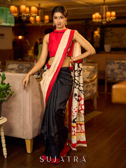 Elegant Black Pure Silk Saree with Red & Ivory Kalamkari Floral Border
