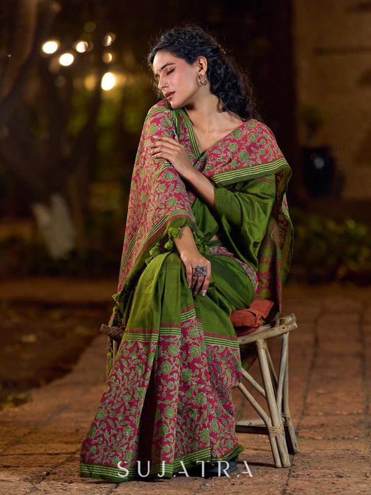 Mehendi Green-Pink Mughal Floral Hand Block Print Cotton Saree