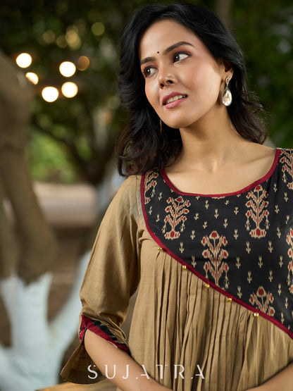 Timeless Beige Cotton Kurta Featuring Ajrakh Asymmetrical Yoke