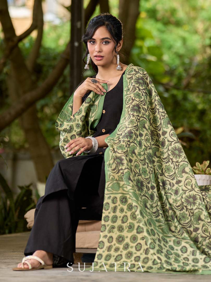 Elegant Sage Green Mul Cotton Dupatta with Traditional Print