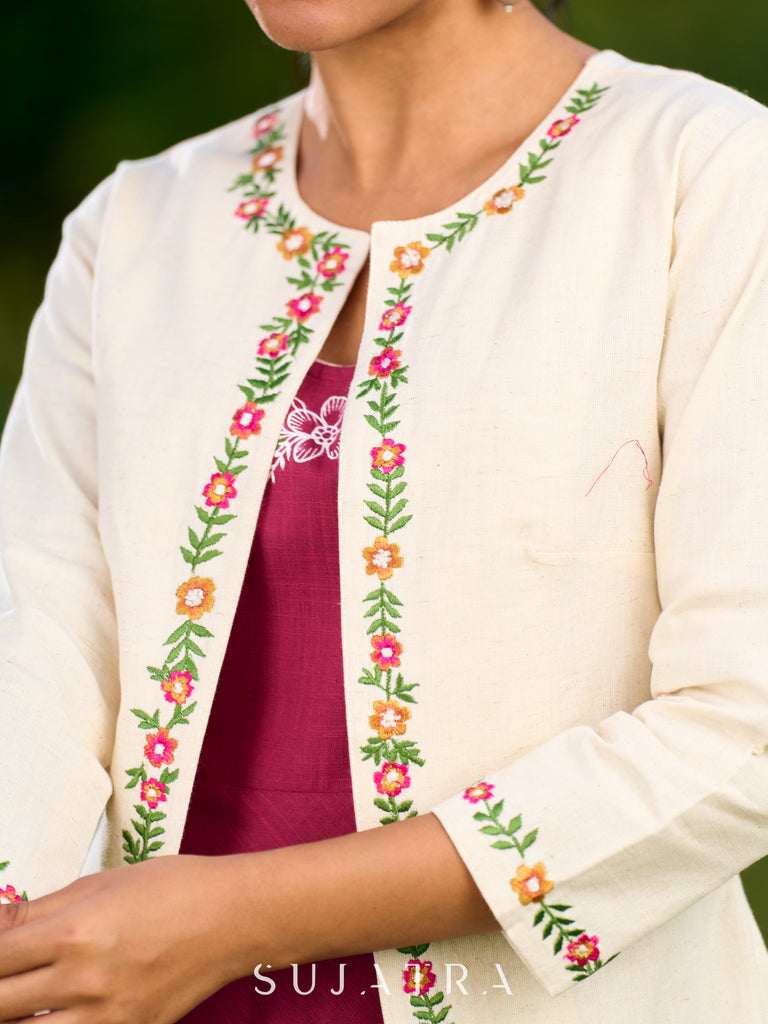 Sophisticated Ivory Cotton Flex Open Jacket Accented with Floral Embroidery Along the Neckline and Sleeves