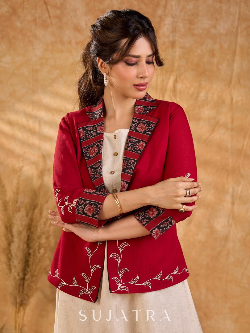 Maroon Cotton Cropped Blazer Jacket with Hand Painted Hem and Floral Printed Lapel & Cuffs