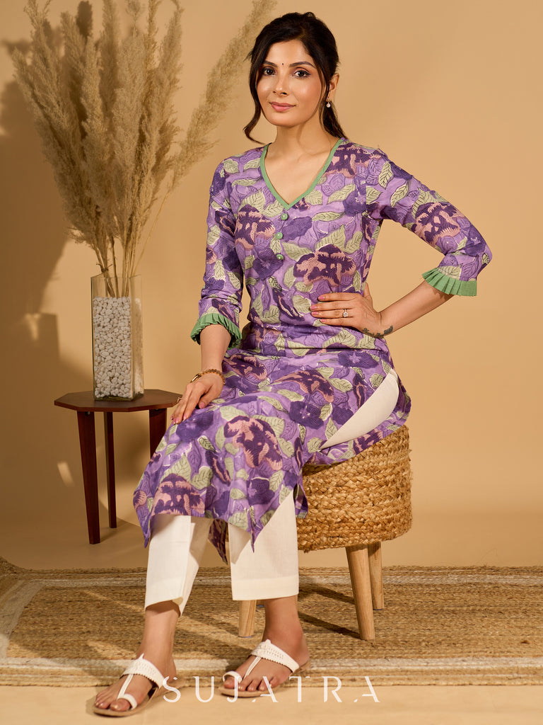Lilac Grace Printed Mul Cotton Kurta with Contrast Green Touches