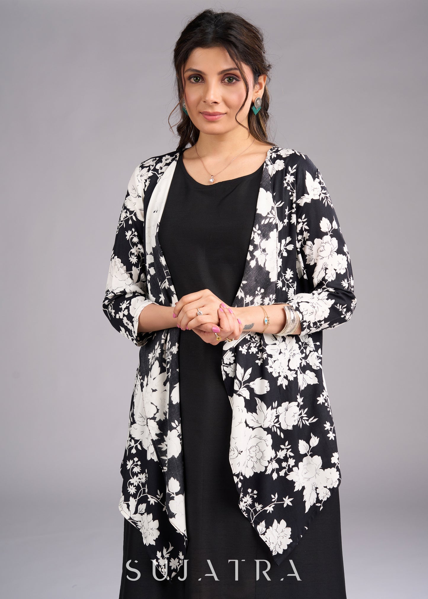 Timeless Monochrome Flowy Black and White Printed Viscose Shrug - Dress optional