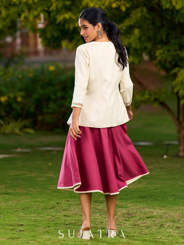 Sophisticated Ivory Cotton Flex Open Jacket Accented with Floral Embroidery Along the Neckline and Sleeves