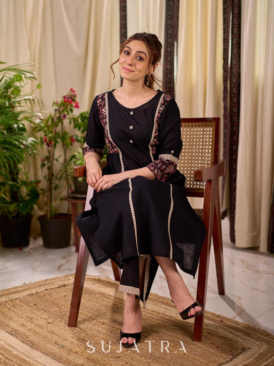 Bold Black Cotton Kurta with Contrast Floral Sleeve Cuffs and Stripe Border Detail
