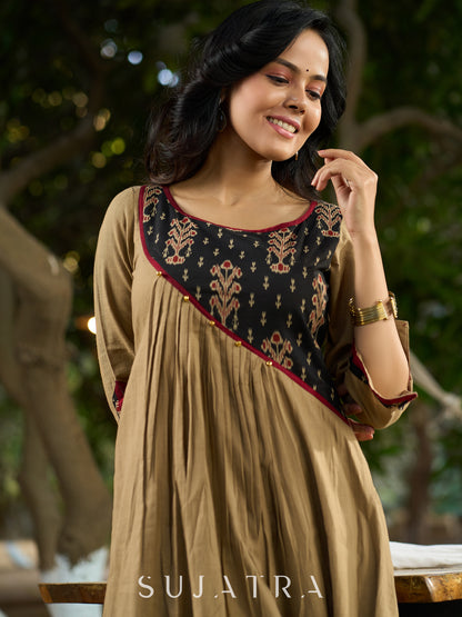 Timeless Beige Cotton Kurta Featuring Ajrakh Asymmetrical Yoke