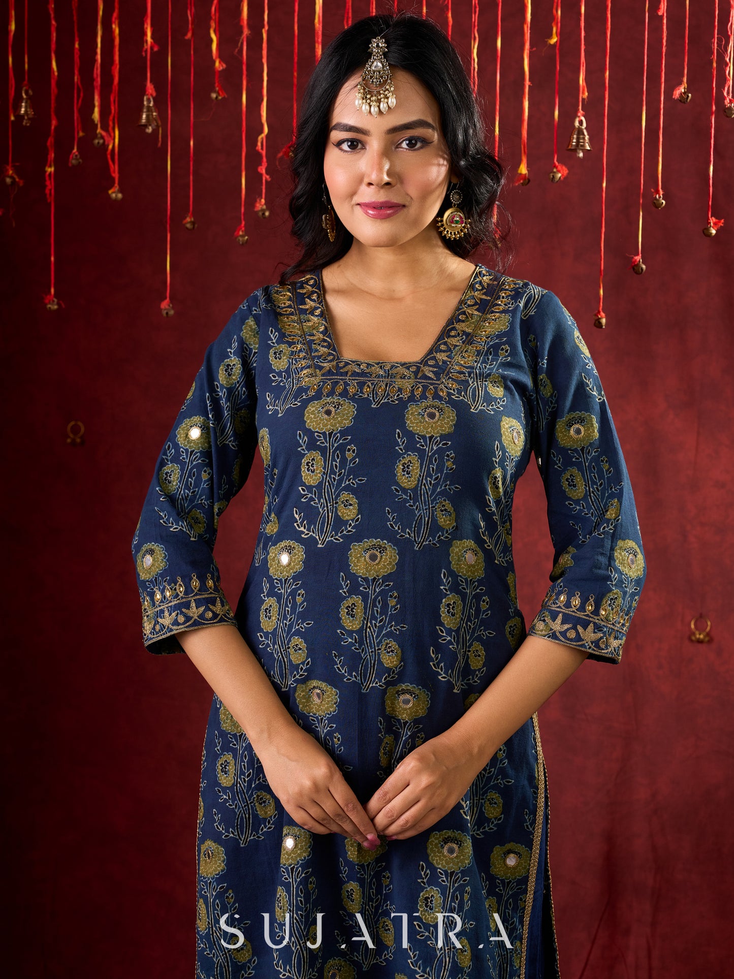 Indigo Ajrakh Kurta with Subtle Embroidered Neckline & Sleeves