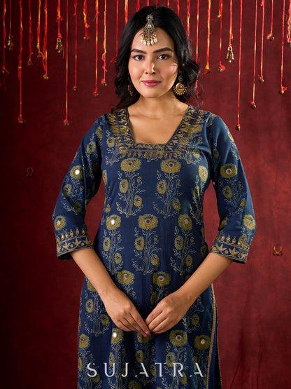 Indigo Ajrakh Kurta with Subtle Embroidered Neckline & Sleeves