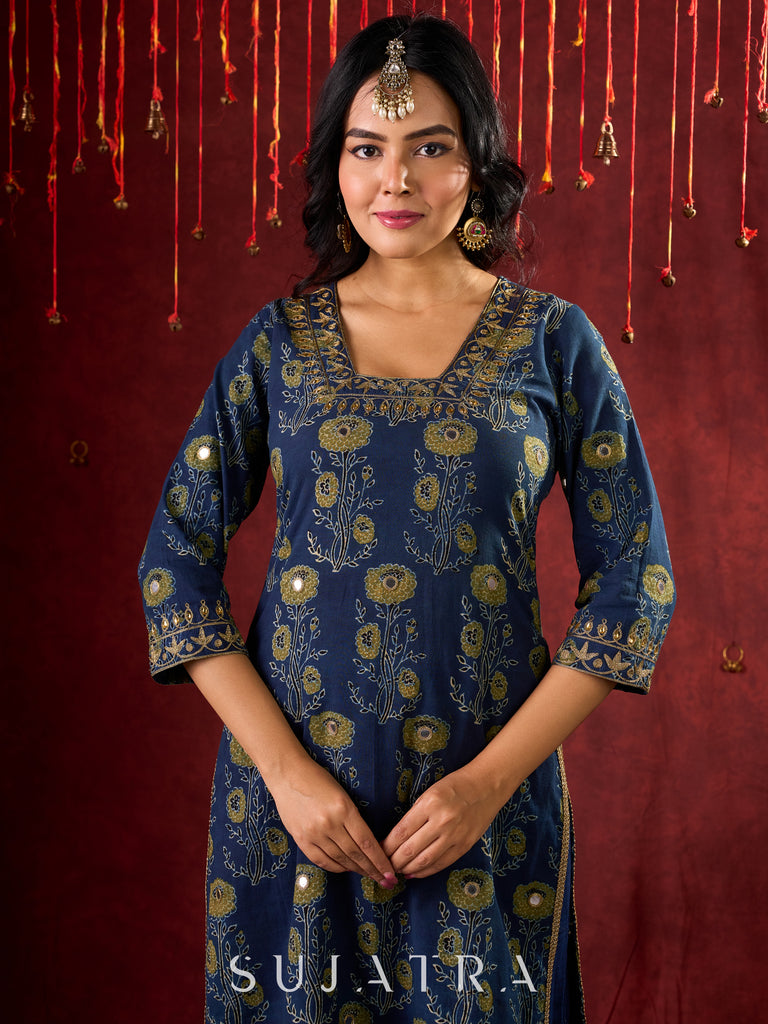 Indigo Ajrakh Kurta with Subtle Embroidered Neckline & Sleeves
