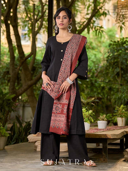 Deep Maroon Cotton Dupatta with Traditional Ajrakh Print