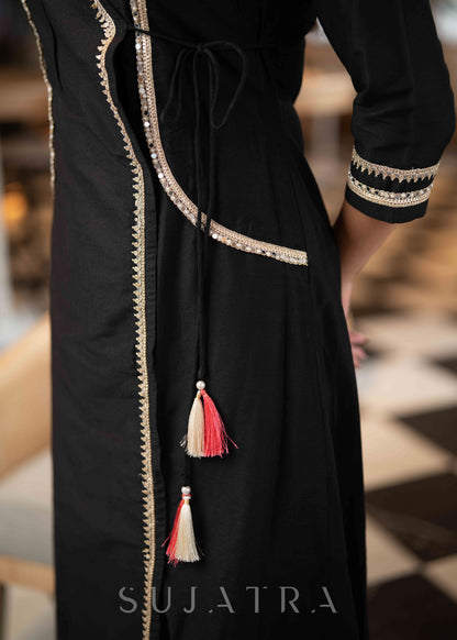 Exclusive Black Cotton Silk Kurta With All Over Lace Work & Side Dori  - Pant Optional