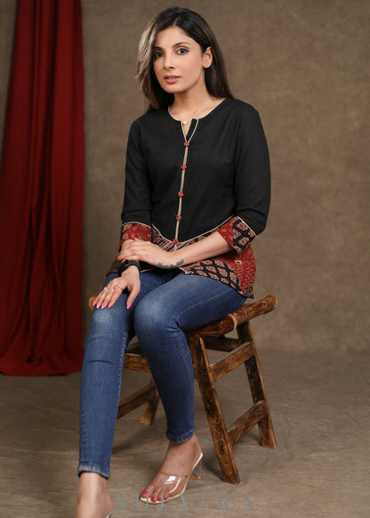 Classy Black Ajrakh Patchwork Cotton Top