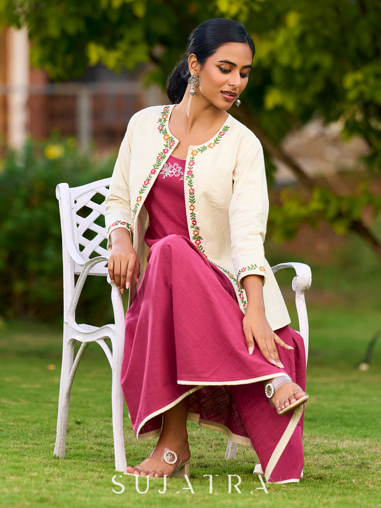 Off White Cotton Flex Open Front Jacket Adorned With Delicate Floral Embroidery On Neckline And Sleeves