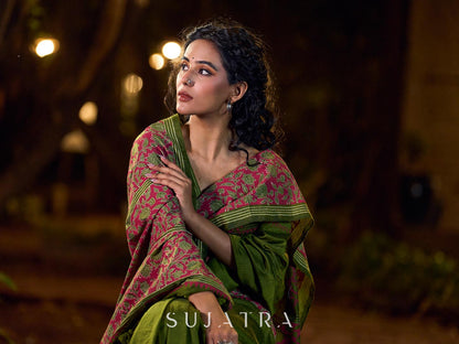 Mehendi Green-Pink Mughal Floral Hand Block Print Cotton Saree