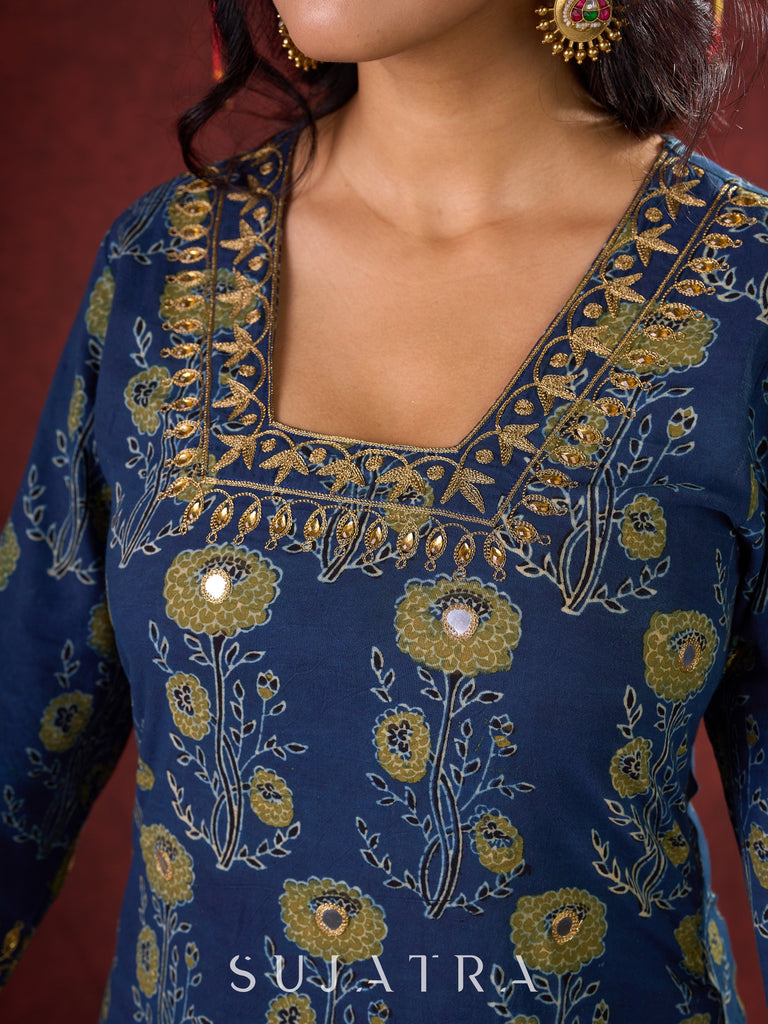 Indigo Ajrakh Kurta with Subtle Embroidered Neckline & Sleeves