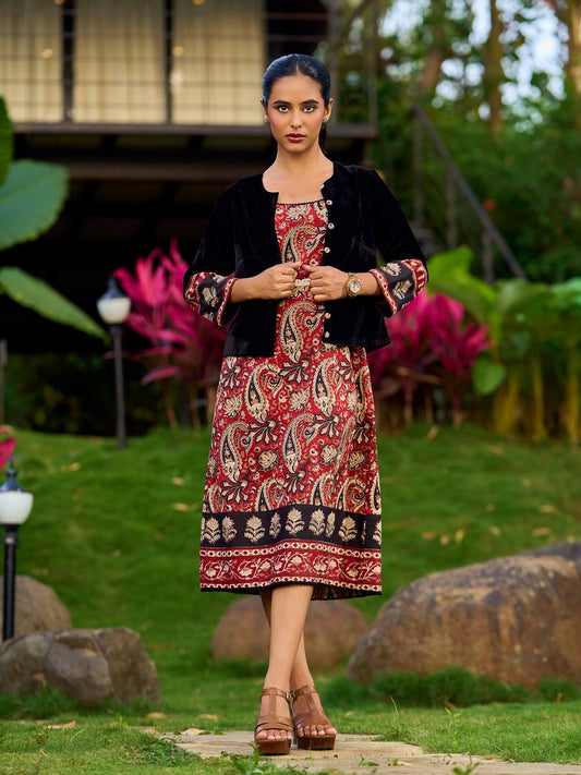 Regal Black Velvet Jacket With Maroon Printed Border Detailing