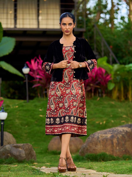 Regal Black Velvet Jacket With Maroon Printed Border Detailing