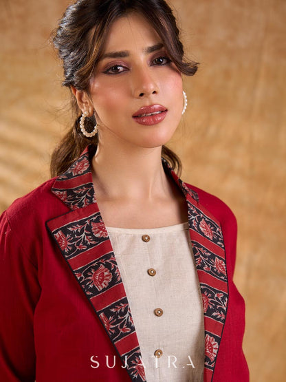 Maroon Cotton Cropped Blazer Jacket with Hand Painted Hem and Floral Printed Lapel & Cuffs