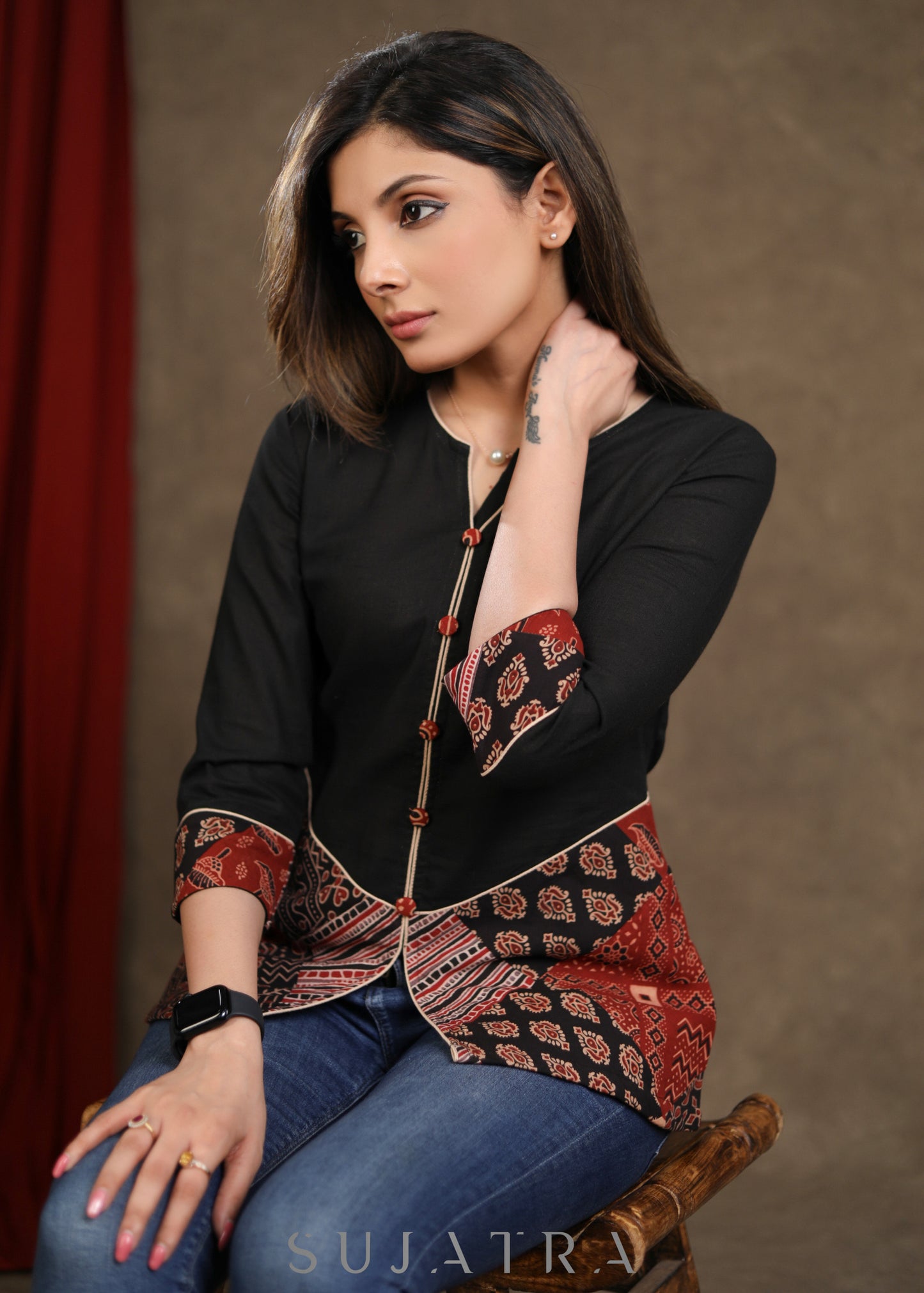 Classy Black Ajrakh Patchwork Cotton Top