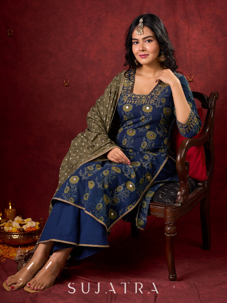 Indigo Ajrakh Kurta with Subtle Embroidered Neckline & Sleeves