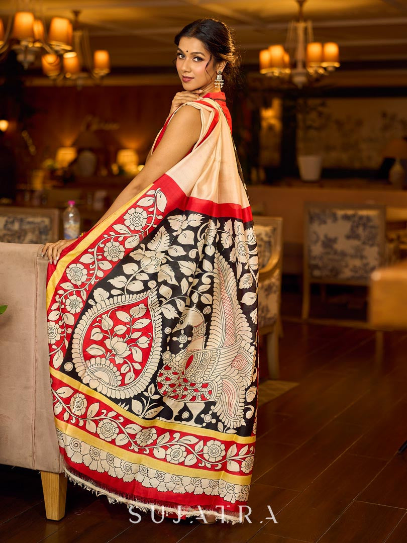 Elegant Black Pure Silk Saree with Red & Ivory Kalamkari Floral Border