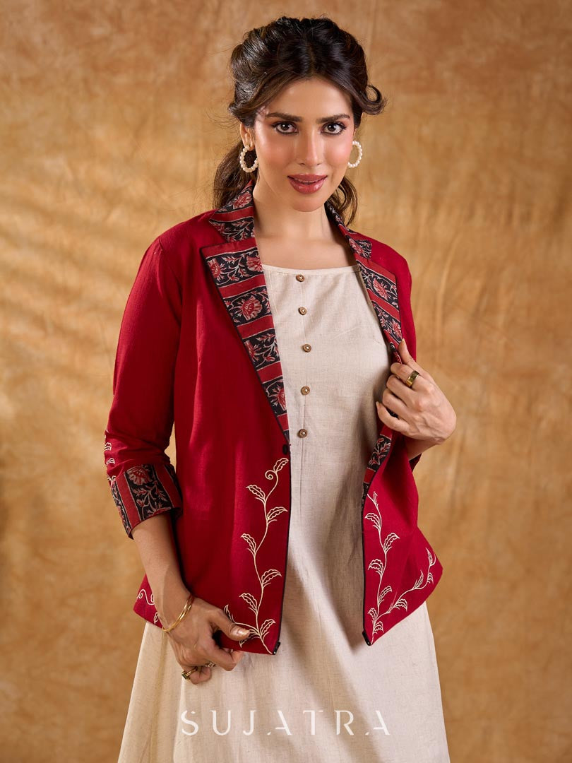 Maroon Cotton Cropped Blazer Jacket with Hand Painted Hem and Floral Printed Lapel & Cuffs
