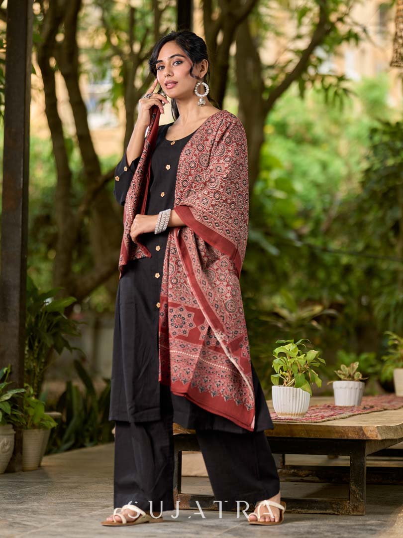 Deep Maroon Cotton Dupatta with Traditional Ajrakh Print
