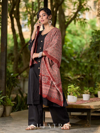 Deep Maroon Cotton Dupatta with Traditional Ajrakh Print