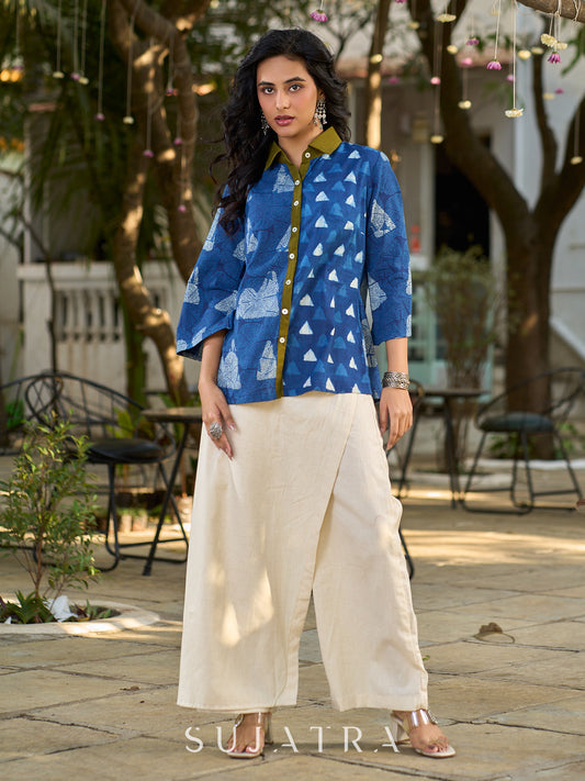 Indigo Contemporary Cotton Shirt with Geometric Pattern and Contrast Accents