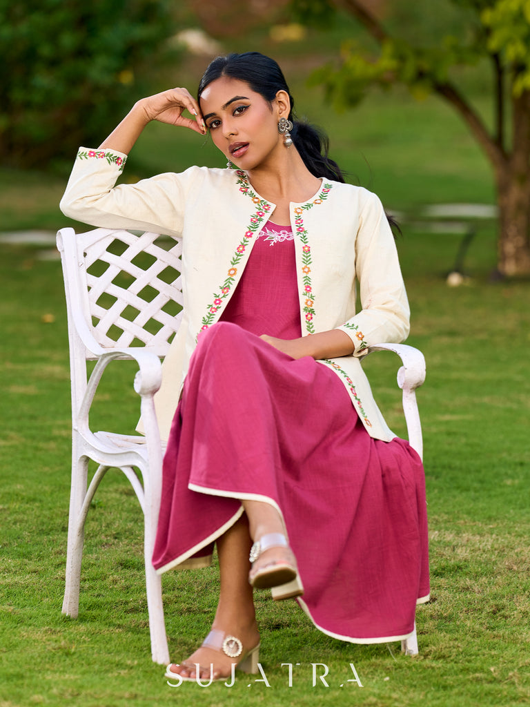 Sophisticated Ivory Cotton Flex Open Jacket Accented with Floral Embroidery Along the Neckline and Sleeves