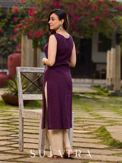 Handcrafted Purple Cotton Sleveeless Hand Block Print Kurta with Abstract Print