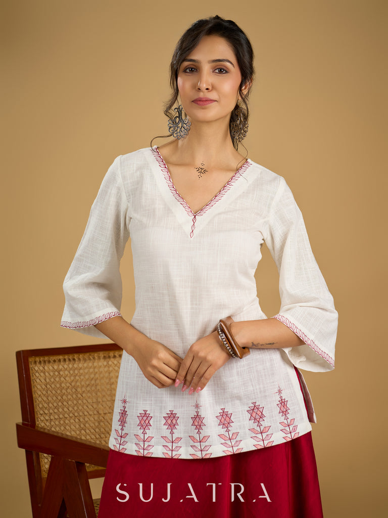 Graceful hand painted white cotton top - Skirt optional