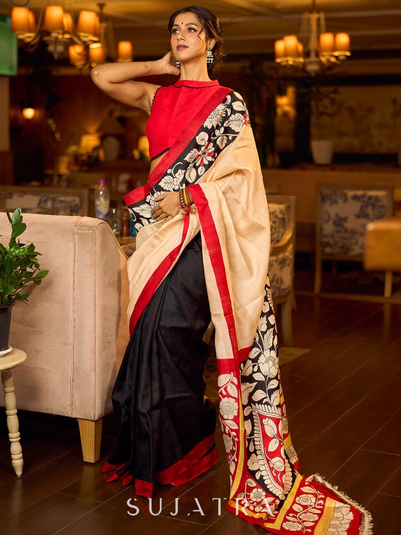 Elegant Black Pure Silk Saree with Red & Ivory Kalamkari Floral Border