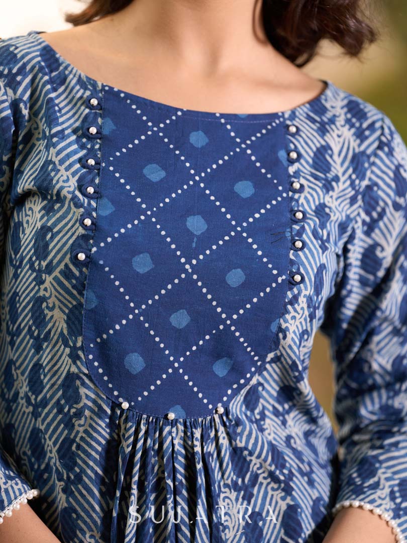 Indigo Printed Kurta with Statement Neck Patch, Flowing Gathers and Pearl Embellished Sleeves
