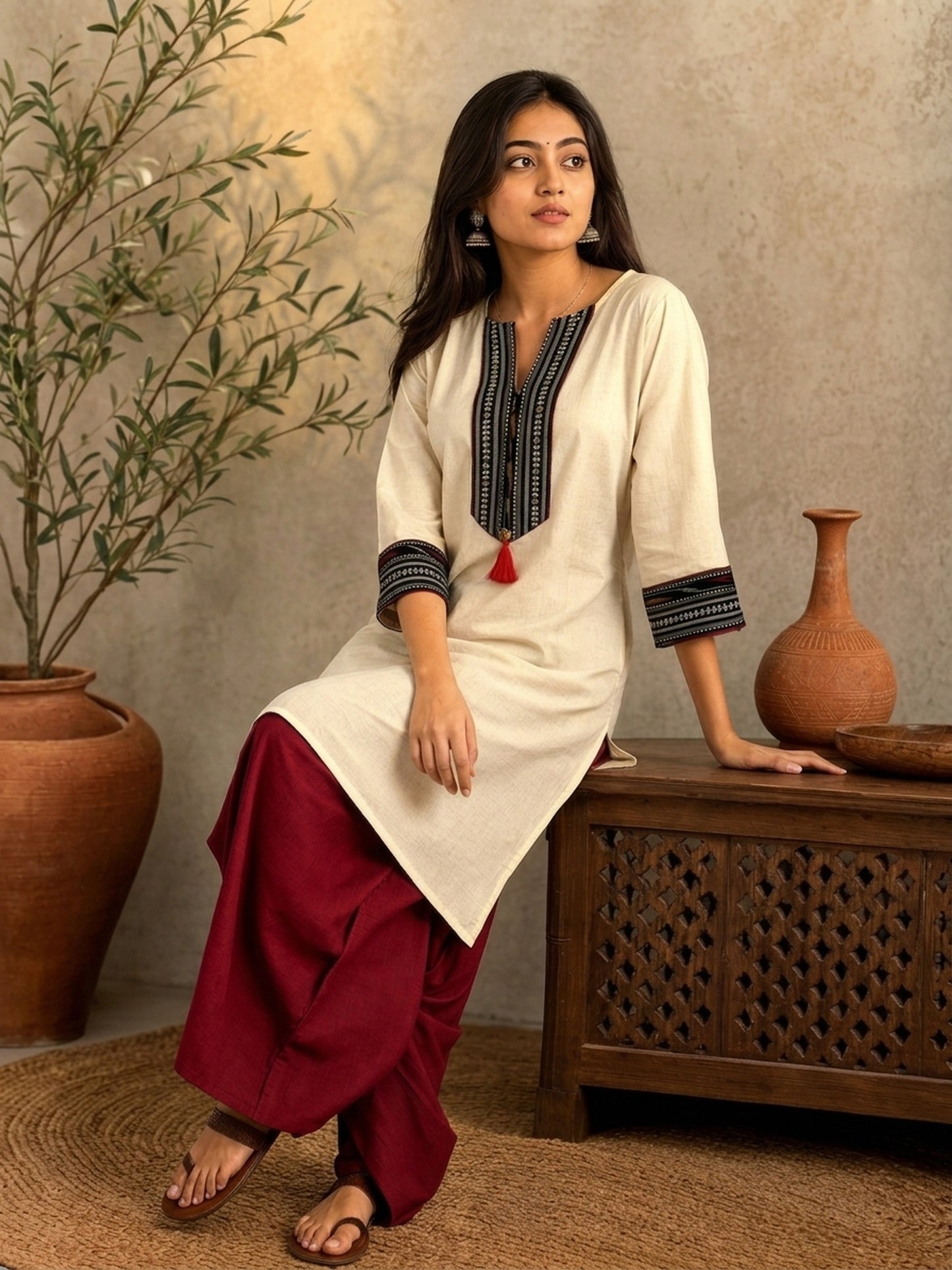 Sophisticated Off-White Cotton Kurta with Ikat Placket Border & Sleeve Band