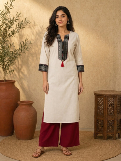 Sophisticated Off-White Cotton Kurta with Ikat Placket Border & Sleeve Band