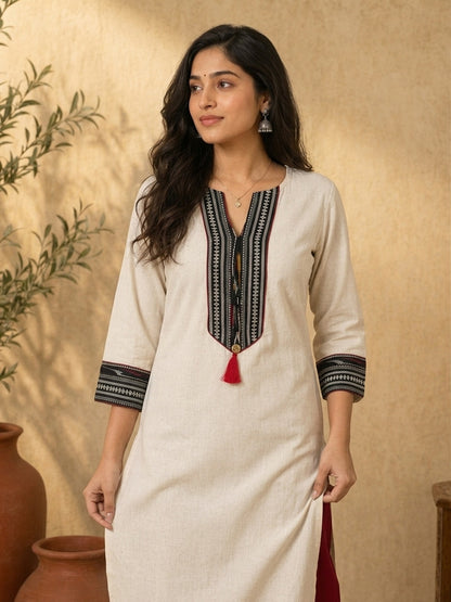 Sophisticated Off-White Cotton Kurta with Ikat Placket Border & Sleeve Band